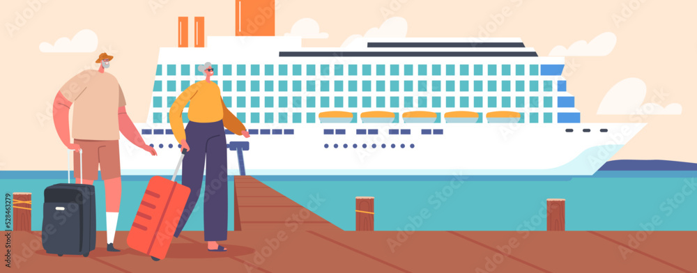 Senior People Waiting Boarding on Cruise Liner Deck with Seascape View, Old Characters Summer Relax On Ship