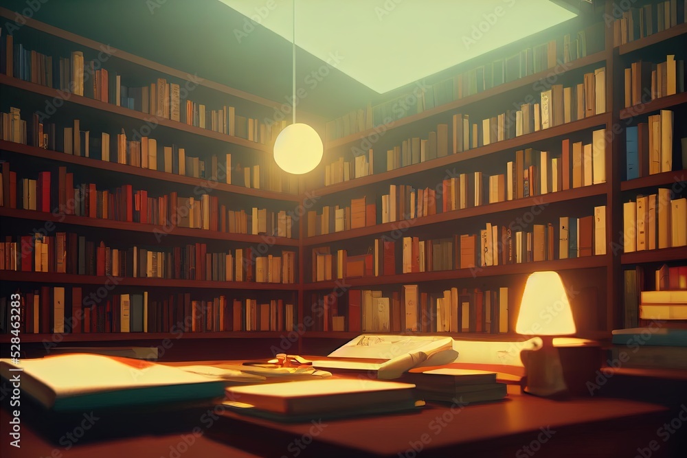 Peaceful, calm relaxing library. Atmospheric light at sunset shining inside  an office, workplace. Beautiful light in a room filled with books. Lofi  manga anime style workstation. Cartoon digital art. Stock Illustration |