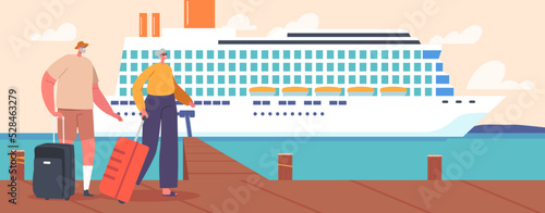 Senior People Waiting Boarding on Cruise Liner Deck with Seascape View, Old Characters Summer Relax On Ship