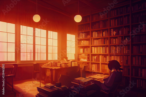 Peaceful, calm relaxing library. Atmospheric light at sunset shining inside an office, workplace. Beautiful light in a room filled with books. Lofi manga anime style workstation. Cartoon digital art. © Fortis Design