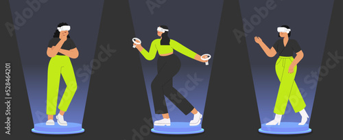 Set of metaverse characters. Flat vector illustration with women wearing virtual reality glasses, interacting and creating a virtual world. Concept of future innovations.