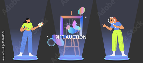 Set of NFT auction. Flat vector illustration with women at the virtual gallery buying or selling digital art. Concept of Metaverse.