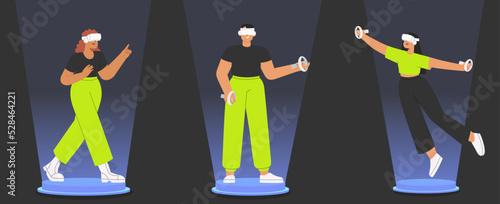 Set of metaverse characters. Flat vector illustration with women and man wearing virtual reality glasses, interacting and creating a virtual world. Concept of future innovations.