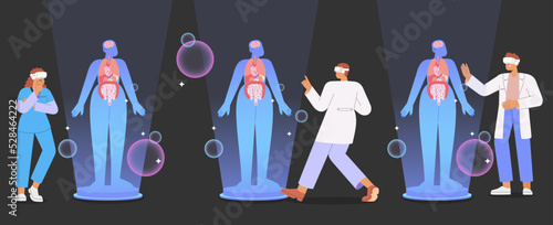 Set of metaverse characters. Flat vector illustration with students or interns wearing virtual reality glasses are practicing virtual treating patients. Concept of digital learning space.