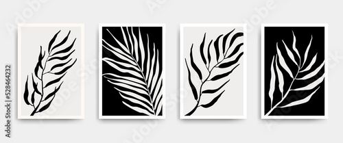 Abstract wall art prints vector set. Interior home decor posters with leaves, plants in monochrome. Black and white botanical paintings, posters, printable, prints Minimal Mid Century Modern vector