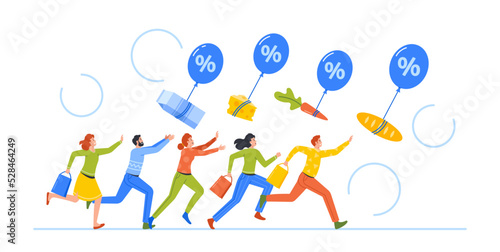 Food Inflation Concept. Consumer Characters Chase Grocery Goods Floating With Air Balloons. Price Index Rise Up