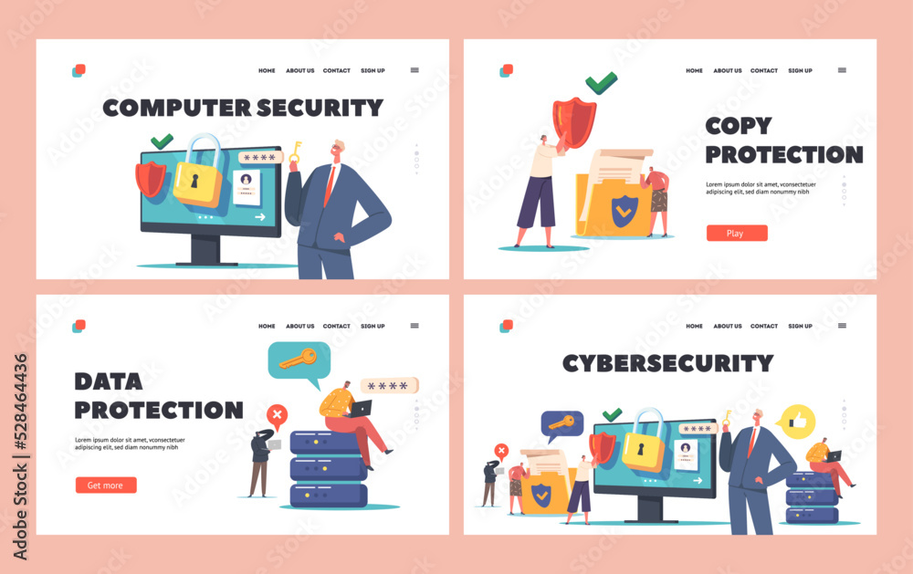 Cybersecurity Landing Page Template Set. Privacy, Data Protection in Internet, Tiny Characters around of Huge Desktop