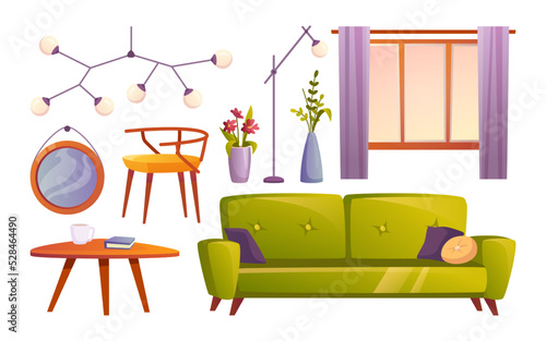 Furniture and decorative elements for interior design, isolated set. Window with curtains, mirror and chair, sofa with pillows and coffee table with lamp and plants. Vector in flat style