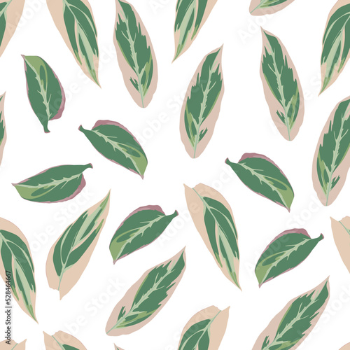 Floral seamless pattern, pink tropical leaves on white background.