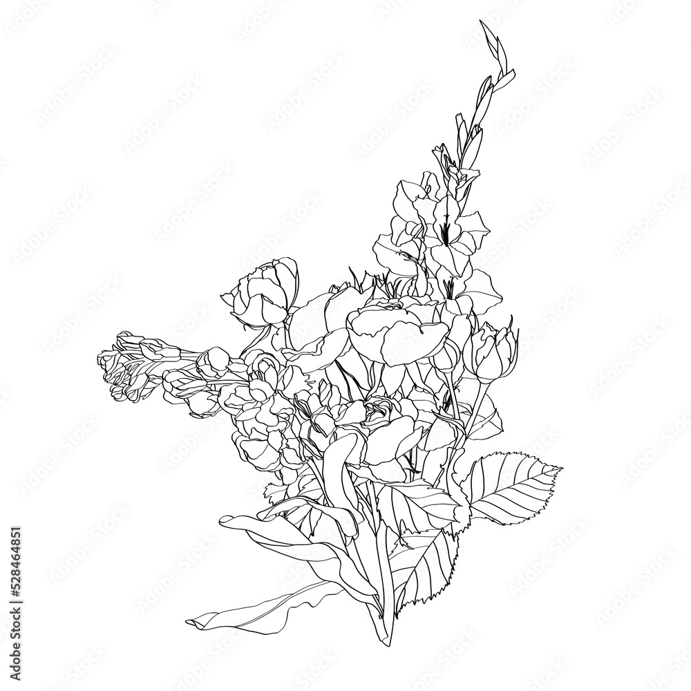 Tulip, lilies, cosmos, roses flowers and leaves. Card element with floral illustration. Bouquet of flowers with exotic Leaf isolated on white background. Tulip, lilies, cosmos, roses flowers and leaves. Card element with floral illustration. Bouquet of flowers with exotic Leaf isolated on white background.