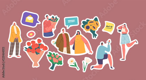 Set of Stickers Boyfriends Giving Flowers to Girlfriends. Young Couples Dating. Love, Human Relations, Gifts