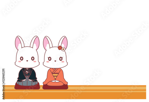 正座をしている着物のうさぎの年賀状向け素材