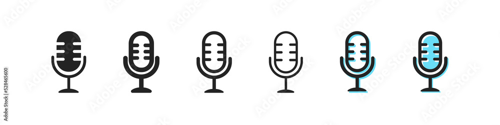 Mic icon. Retro microphone vector symbol. Simple outline radio icon. Audio voice icons set. Sing, black and blue web icons. EPS10 Mic icon. Retro microphone vector symbol. Simple outline radio icon. Audio voice icons set. Sing, black and blue web icons. EPS10