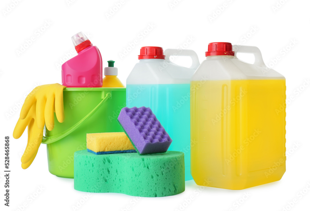 Set of different cleaning supplies on white background Set of different cleaning supplies on white background