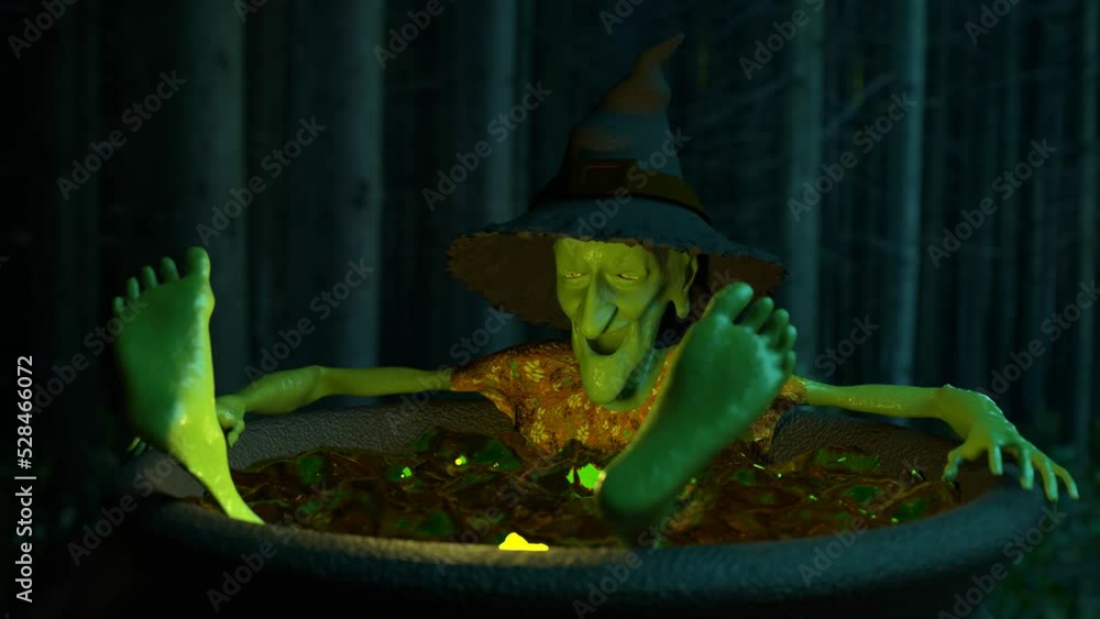 Happy old witch takes a bath in her own potion cauldron deep in the ...