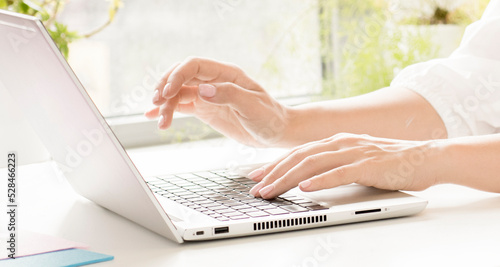 woman businesswoman typing on computer keyboard panoramic banner closeup, businessman or student using laptop at home, online learning, internet marketing, work from home, office workplace, freelance 