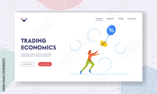 Trading Economics Landing Page Template. Inflation, Price and Expenses Rising Up Concept. Female Consumer Catch Grocery