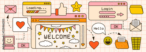 Vector banner with retro computer windows, screens, web browser and icons. Cute old desktop interface background. 90s and y2k digital aesthetic. Vintage frames, boxes, panels and folders