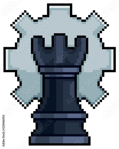 Pixel art chess tower with gear. strategy concept vector icon for 8bit game on white background 