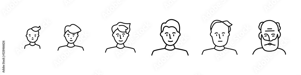 Portrait of a males at different ages, preschooler kid 1-5 years old, primary school age 6-9, senior school age 10-14, teenager 15-18, young man 19-30, average 40-50, elderly 60-80. black and white Portrait of a males at different ages, preschooler kid 1-5 years old, primary school age 6-9, senior school age 10-14, teenager 15-18, young man 19-30, average 40-50, elderly 60-80. black and white