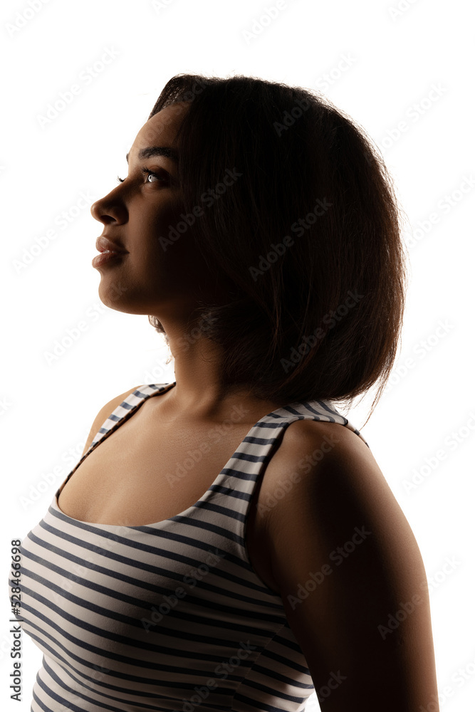 Silhouette portrait of young girl isolated over light background. Concept of beauty, creativity, shadow effect. Profile view Silhouette portrait of young girl isolated over light background. Concept of beauty, creativity, shadow effect. Profile view