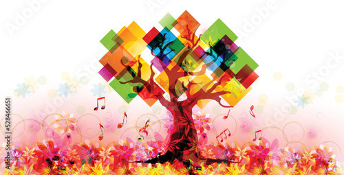 Relaxing music concept with tree and musical notes vector illustration. Calming colorful musical design, nature inspired, with floral background in pink colors	