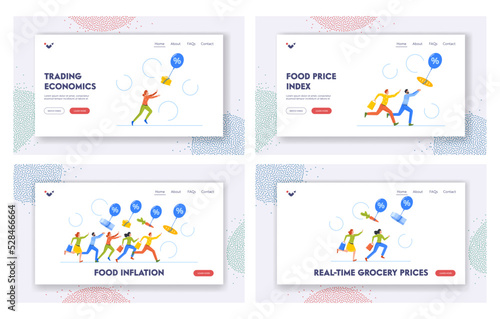 Food Inflation Landing Page Template Set. Consumer Characters Chase Grocery Goods Floating With Air Balloons