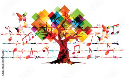 Relaxing music concept with tree and musical notes isolated and attached to barbed wire. Vector illustration. Colorful musical poster, nature inspired, with butterflies	