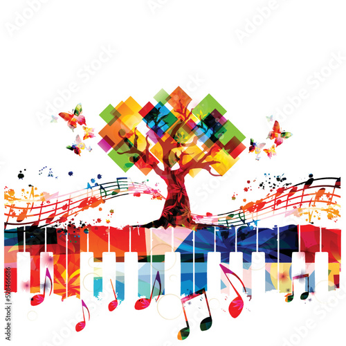 Relaxing music concept with tree and musical notes isolated vector illustration. Calming colorful musical design, nature inspired, with piano keyboard, musical staff and butterflies	