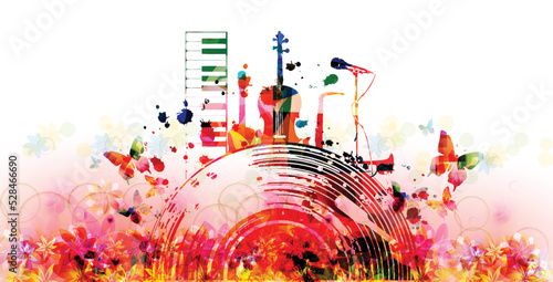 Stylish musical poster with abstract musical instruments in pink colors. Floral background with LP vinyl record disc for concert events, music festivals and shows, party flyer. Vector Illustration