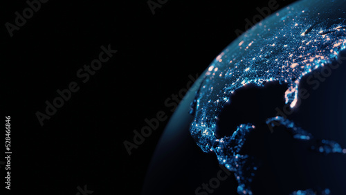3D Rendering of planet earth, Night view of North American continent. For global network and telecommunication, cryptocurrency, blockchain and IoT, technology background. Elements furbished by NASA