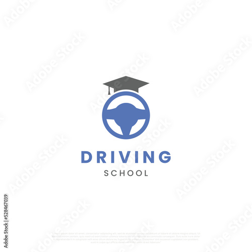 driving lesson logo, driving school logo, steering wheel combine with graduation hat logo concept