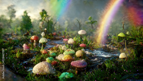 Fotografie, Obraz Psychedelic magical fairy tale forest with mushrooms and rainbow