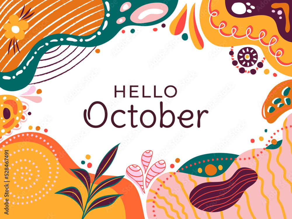 Hello October Floral Abstract Typography Social media post vector Illustration. Memphis pattern design horizontal background. Greeting card, promotion, website, template frame digital graphic resource