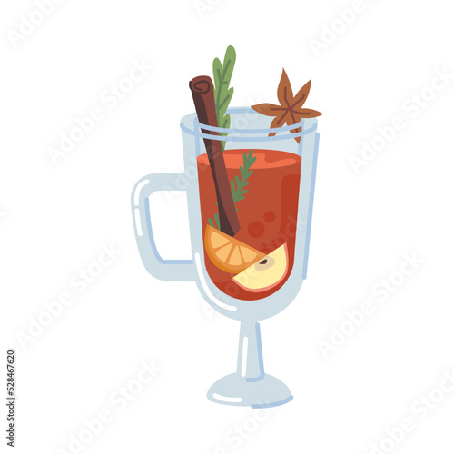 Winter Christmas drink, isolated mulled wine with cinnamon stick, slices of apple and orange. Glass with anise and greenery for decor. Vector in flat style