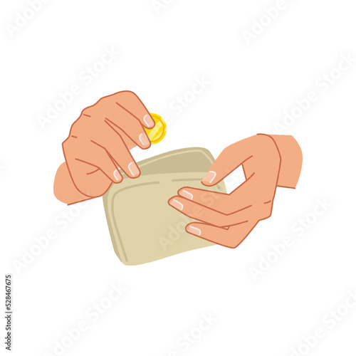 Hands put coin in wallet, savings and income concept. Vector money for paying, giving loan, saving financial assets or exchanging, wealthy person or poor person, investment