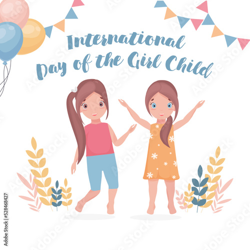 Vector banner International Girls Day with two girls on white background. Bright postcard for the holiday.