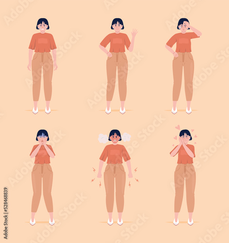 Women with different emotions semi flat color vector characters set. Editable figure. Full body people expressions. Simple cartoon style illustration for web graphic design and animation collection