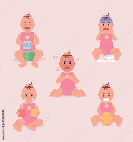 Baby emotions semi flat color vector characters set. Editable figure. Full body people. Simple cartoon style illustration for web graphic design and animation collection. Quicksand font used