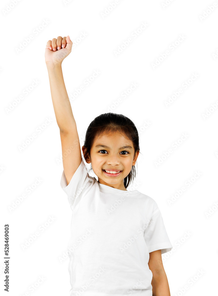 Excited young asian girl with raised hand celebrating success.Portrait cheerful positive asian female with raised hands and smiled isolated on white background with clipping path. Excited young asian girl with raised hand celebrating success.Portrait cheerful positive asian female with raised hands and smiled isolated on white background with clipping path.