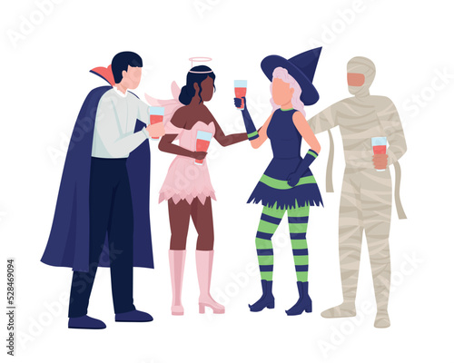 Party guests holding glasses with drink semi flat color vector characters. Editable figures. Full body people on white. Halloween simple cartoon style illustration for web graphic design and animation