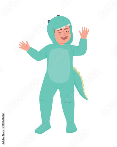 Cute boy in dinosaur costume semi flat color vector character. Editable figure. Full body person on white. Halloween party simple cartoon style illustration for web graphic design and animation