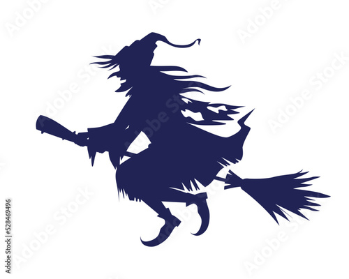 Witch riding broom semi flat color vector character. Editable figure. Full body person on white. Folklore character simple cartoon style illustration for web graphic design and animation