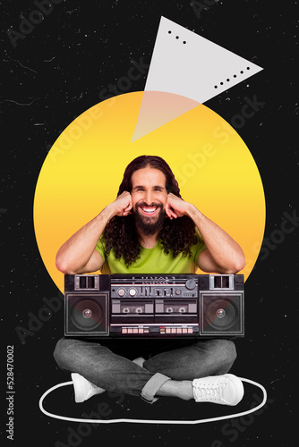 Vertical photo collage of cheerful guy sit circle legs crossed boombox on feet hands on cheeks isolated on cosmic black color background photo