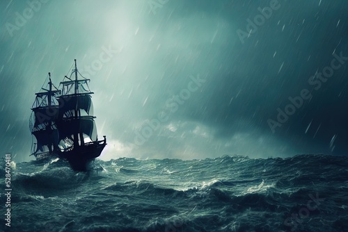 Pirate ship navigating during a storm. Thunder, rain big waves on the ocean. Black boat setting sails on rough water, sea. Digital artwork, painting.  © Fortis Design