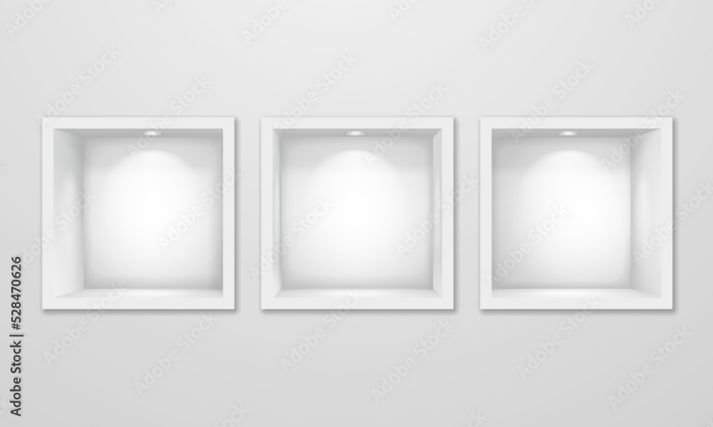 Empty square niche shelves with lighting in the wall. Vector 3d illustration. - obrazy, fototapety, plakaty 
