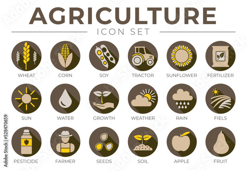 Brown Agriculture Round Icon Set of Wheat, Corn, Soy, Tractor, Sunflower, Fertilizer, Sun, Water, Growth, Weather, Rain, Fields, Pesticide, Farmer Seeds, Soil, Apple, Fruit Icons.