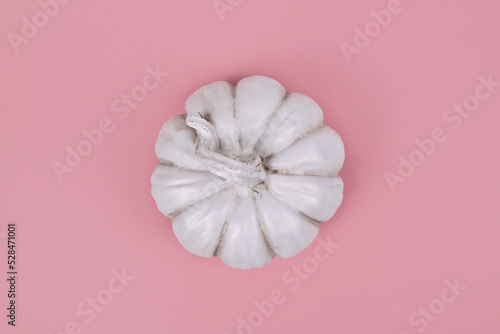 Top view of white decorational pumpkin on pink background