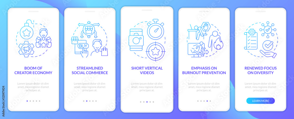 Social media trends blue gradient onboarding mobile app screen. Marketing walkthrough 5 steps graphic instructions with linear concepts. UI, UX, GUI template. Myriad Pro-Bold, Regular fonts used