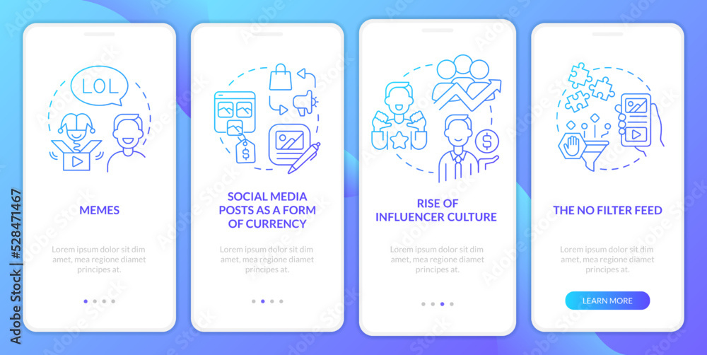 Social media tendencies blue gradient onboarding mobile app screen. Walkthrough 4 steps graphic instructions with linear concepts. UI, UX, GUI template. Myriad Pro-Bold, Regular fonts used
